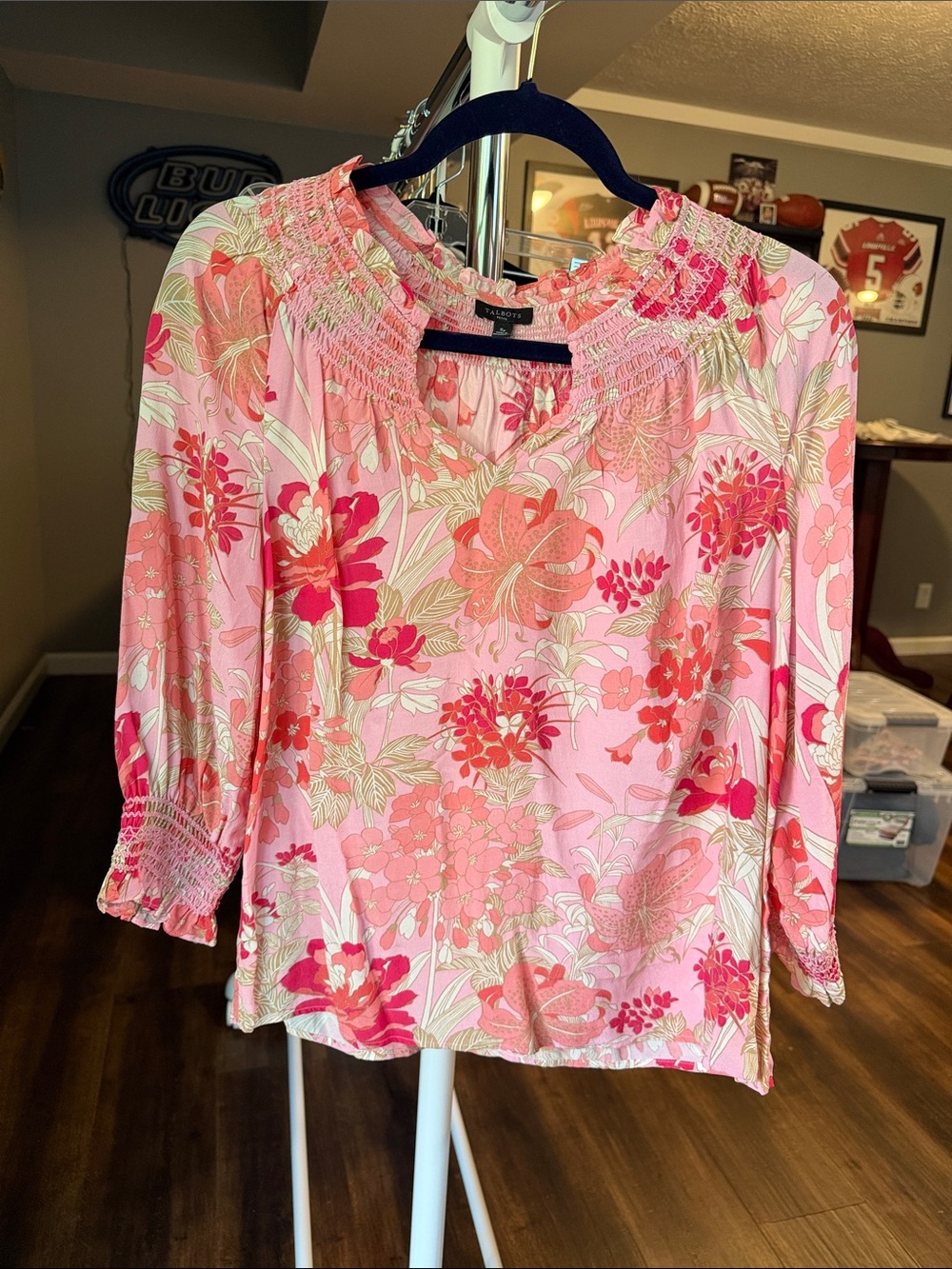 Talbots Pink Floral Smocked-Neck Blouse
